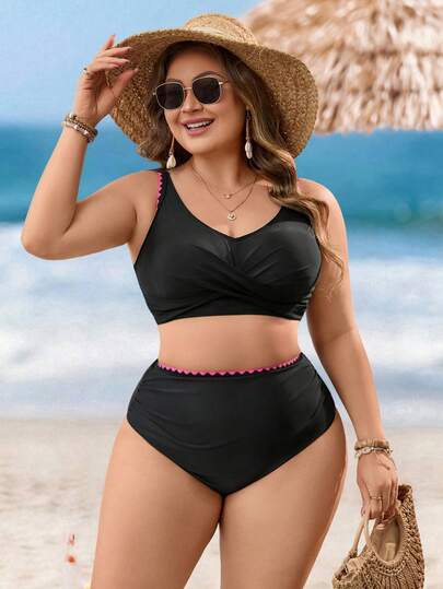 Swim Lushoire Plus Size Women's Summer Beach Vacation Cross Wrap Bust Splicing Bikini Set