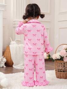 Dozemod Set Piyama Rajut Lembut Lengan Panjang dan Celana, Motif Pita Minimalis Manis untuk Bayi Perempuan, 2 Potong, untuk Bayi Perempuan - MultiWarna - View 2