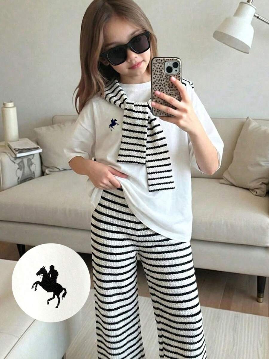 SHEIN Tween Girls Summer Horse Graphic Loose T-Shirt And Striped Pants Set - Black and White - View 1