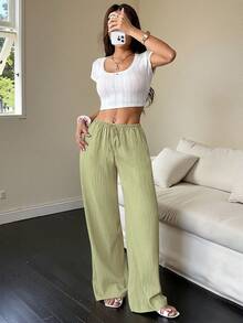 Women's Solid Color Wide-Leg Pants With Pockets And A Tie At The Waist - Limelight Green - View 5