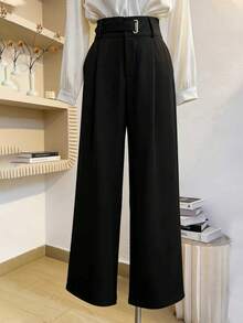 Elenzga Spring/Summer New Fashion Eyelet Waist Decoration Straight Leg Casual Everyday Commute Women Pants - Black - View 6