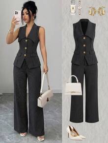 SHEIN Elenzya 无袖收腰外套搭配直筒裤，条纹面料，优雅女士套装 - 彩色 - 查看 1