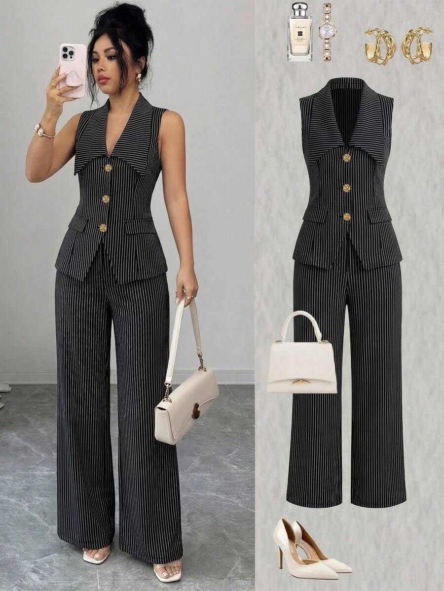SHEIN Elenzya 无袖收腰外套搭配直筒裤，条纹面料，优雅女士套装 - 彩色 - 查看 1