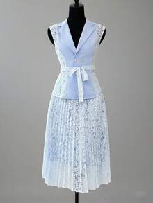 Xyvia Conjunto de traje elegante y sofisticado para mujer con blazer ajustado con encaje en contraste y falda plisada - Azul - Ver 4