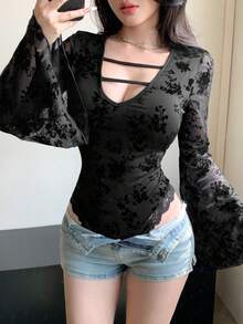 DAZY Women's Floral Flocked Mesh Flare Sleeve Bodysuit - Black - View 8