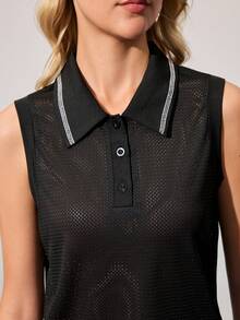 CourtClass Women's Breathable Collared Sleeveless Sports Polo Shirt, Summer - Black - View 7
