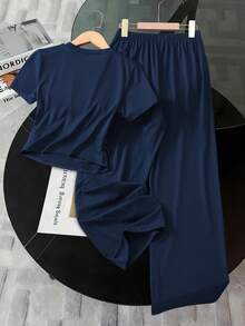 Tween Girl Knight Print Round Neck Short Sleeve T-Shirt And Wide Leg Pants Casual Daily Outfit - Blue - View 2