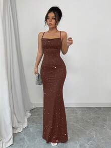Selianne Đầm dự tiệc lấp lánh, thiết kế buộc dây, dành cho nữ. - Cà phê - Xem 6