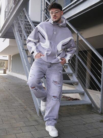 LEOGASHI LEOGASHI Contrast Color Patchwork Design Men's Hooded Long Sleeve Jacket, Light Windbreaker Y2k Techwear Jacket