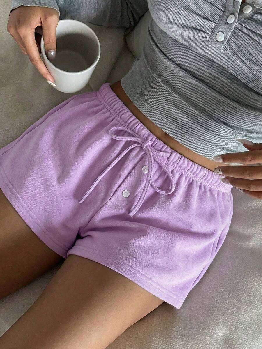 CovetEZ Pantalones cortos de punto con botones delanteros y cinturón de unicolor para mujer, morado - Morado - Ver 1