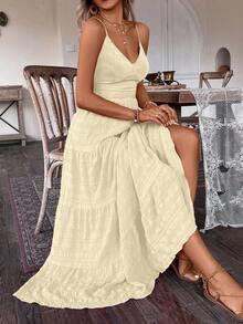 Breezaya Đầm kiểu đồng quê cổ điển nhiều lớp, phối vải chắp vá, thắt nơ, thích hợp cho sinh nhật hoặc dự tiệc cưới. - Vàng nhạt - Xem 5