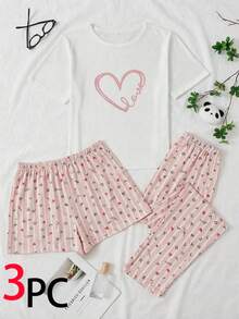 EURMUSE Damen Baumwolle 3-teiliges Homewear Pyjama Set mit Herz-Muster Kurzarmshirt, gestreifter LOVE Muster Shorts und Hose - Verschiedenfarbig - Übersicht 1
