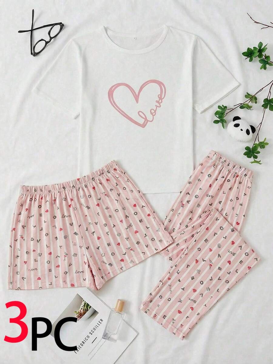 EURMUSE Damen Baumwolle 3-teiliges Homewear Pyjama Set mit Herz-Muster Kurzarmshirt, gestreifter LOVE Muster Shorts und Hose - Verschiedenfarbig - Übersicht 1