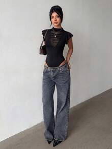 Franclia 女士性感优雅V领薄纱荷叶边花瓣袖连体衣，夏季 - 黑色 - 查看 5