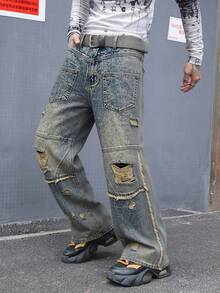 Manfinity EMRG Men's Casual Washed Distressed Denim Jeans - Bronze - View 3