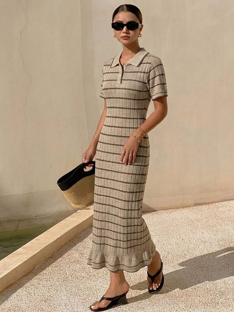 Women's Elegant Turndown Collar Colorblock Striped Knit Dress, Summer