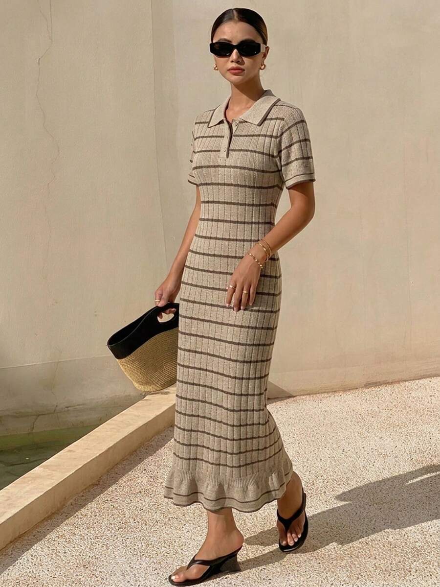 DAZY Đầm dệt kim kẻ sọc phối màu cổ bẻ thanh lịch dành cho nữ, thích hợp cho mùa hè. - Màu Khaki - Xem 1