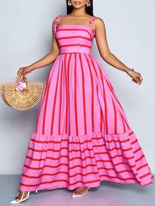 SOLERSUN 女士飘逸条纹长款连衣裙，肩带设计，胸前褶皱细节，适合度假、海滩、通勤和休闲穿着，优雅长裙（随机花卉图案） - 粉色 - 查看 4