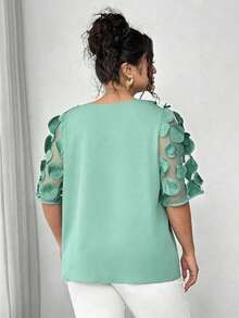 Elenzga Plus Size Women's Mesh Patchwork Puff Sleeve Solid Color V-Neck Ruffle Hem Blouse, Summer - Mint Green - View 2