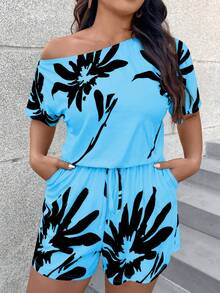 EMERY ROSE Bộ áo liền quần mùa hè cỡ lớn in hoa, vai lệch, kiểu dáng bất đối xứng - Màu xanh lam - Xem 6