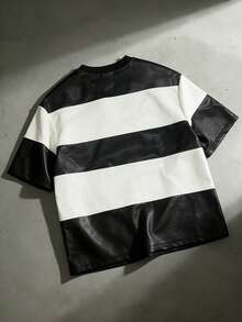 ROMWE MEN Camiseta de hombre de piel de imitación con rayas, primavera/verano - Blanco y Negro - Ver 3