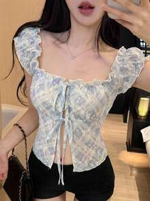 Joudiya 春夏蝴蝶結刺繡滿版印花紋理格紋蕾絲上衣，情人節婚禮宴會時尚派對露肩短版上衣，前綁帶設計修身收腰短袖女款襯衫 - 藍色 - 查看 5