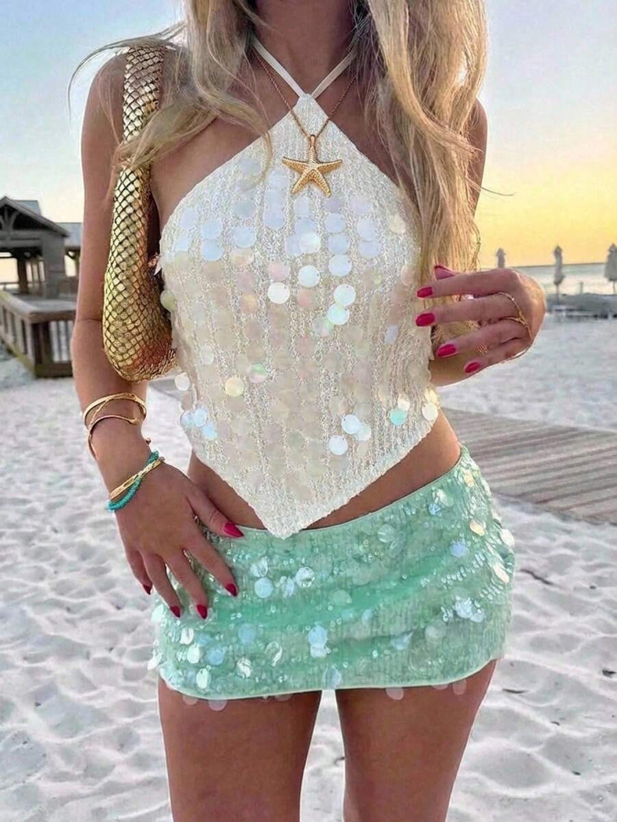 Aloruh 女士性感亮片露背吊带上衣，夏季夏季服装，夏季沙滩装，女士沙滩度假装，波西米亚热带度假装，演唱会服装，锐舞派对服装，音乐节乡村音乐会服装，伊比沙岛服装，纳什维尔服装，西部牛仔女装，西部波西米亚街头风，热带辣妹西部牛仔女装，可爱夏季上衣 - 杏色 - 查看 1