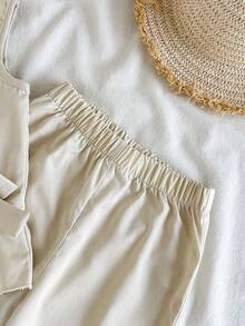 Vintaside Kids 2件套女婴休闲可爱蝴蝶结无袖上衣和裤子套装 - 卡其色 - 查看 6