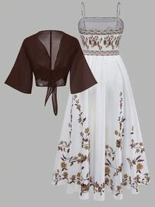 Franclia Đầm và áo khoác voan hoa mùa hè dành cho nữ cỡ lớn, bộ đồ 2 mảnh thanh lịch, đồ phối hợp mùa hè cho nữ, quần áo nữ, đầm kiểu cổ điển, trang phục mùa hè cho nữ, đầm in hoa. - Cà phê nâu - Xem 2