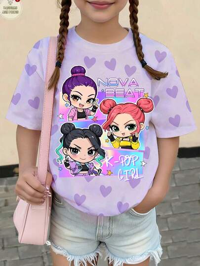 Sparklyn 1件少女2025趣味女孩[上衣]韩流风格印花衬衫，彩色卡通人物紫色爱心短袖T恤，通体紫色爱心图案，时尚女童服装，姐妹装，适合节日、派对和日常穿着，情人节和圣诞节礼物