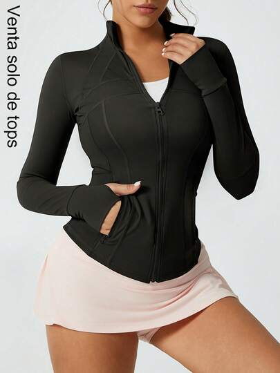 Deporte zipper chaqueta mujer slim fit cierre cintura pulgar hebilla manga larga chaqueta con bolsillos running gimnasio yoga ropa al aire libre casual