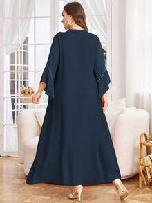 SHEIN Lacomfia Đầm chiffon màu trơn phối họa tiết dành cho nữ cỡ lớn, kiểu dáng kín đáo, thường ngày. - Màu xanh hải quân - Xem 2