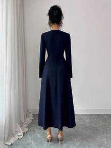 SHEIN Raffinéa Đầm dạ hội dài tay sang trọng màu đen đính đá lấp lánh, cổ tròn, thắt eo, dành cho nữ, kiểu dáng thu đông mới, dài đến đầu gối. - Màu xanh hải quân - Xem 2