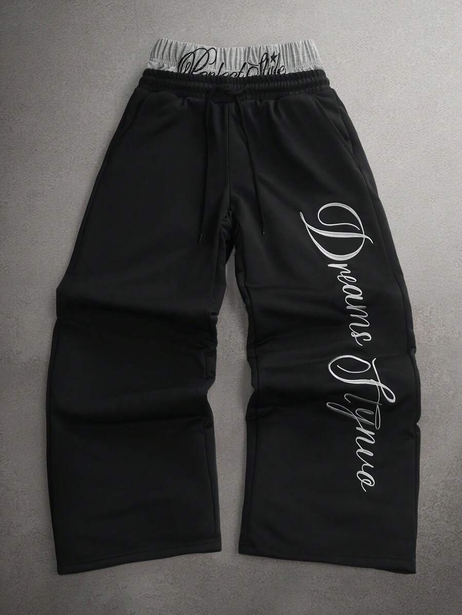 STYNVO Men's Fashionable Contrast Color Waistband Wide Leg Sweatpants - Black - View 1