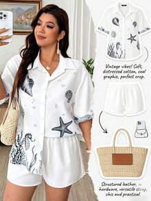 SHEIN LUNE Conjunto de camisa e shorts confortáveis e casuais para férias na praia, tamanho plus size. - Azul e branco - Ver 1