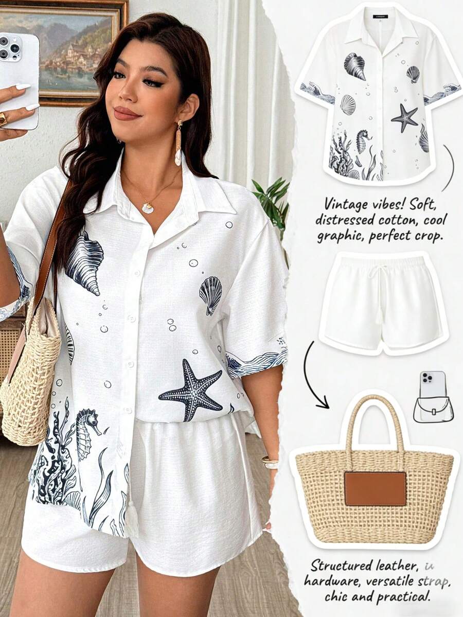 SHEIN LUNE Conjunto de camisa e shorts confortáveis e casuais para férias na praia, tamanho plus size. - Azul e branco - Ver 1