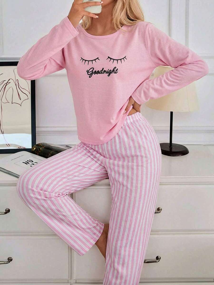 Cotton 2Pcs  Eye Printed Shirt And Striped Long Bottom Pj Set - Pink - View 1
