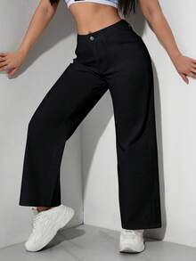 SHEIN PETITE 女款鈕扣休閒百搭日常穿著直筒牛仔褲，適合嬌小女性 - 黑色 - 查看 6