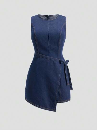 SHEIN MOD Plus Size Women Round Neck Side Knot Asymmetric Hem Denim Jumpsuit