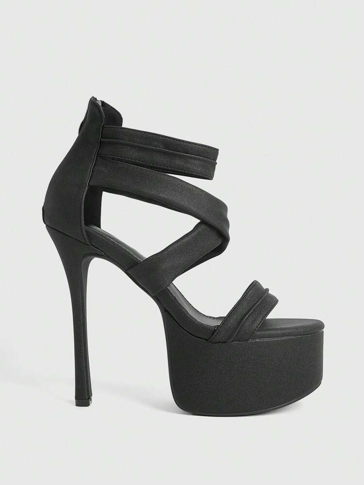 CUCCOO LuxiPop Women Shoes Stiletto High Platform Shoes One-Word Strap Cross-Strap Back Zipper Women's Black Sandals Nightclub Style Wear Sexy Fashion Wear