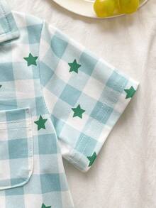 2pcs Baby Boys' Elegant Green & White Plaid And Star Print Cardigan Collar Short Sleeve Pants Comfortable Pajamas Set - Green - View 10