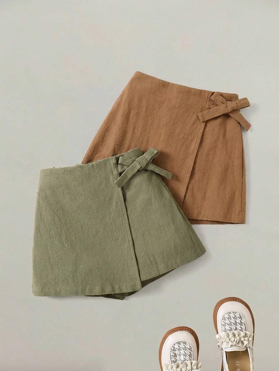 SHEIN 2件套少女纯色梭织休闲短裤套装 - 彩色 - 查看 1