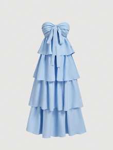 SHEIN MOD 女士纯色前系结荷叶边下摆连衣裙 - 藍色 - 查看 3