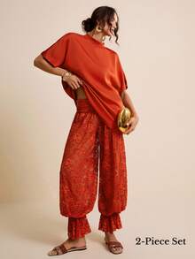 LOTSLUV Women's Rust Red Round Neck Loose T-Shirt And Lace Cuff Pants 2 Pieces Set, Spring/Summer - Rust Brown - View 1