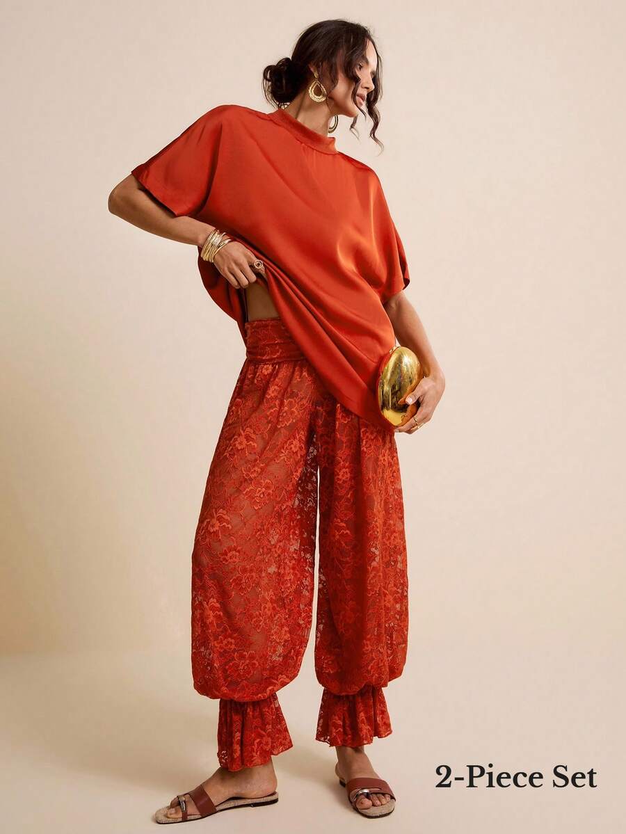 LOTSLUV Women's Rust Red Round Neck Loose T-Shirt And Lace Cuff Pants 2 Pieces Set, Spring/Summer - Rust Brown - View 1