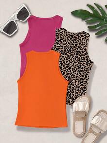 SHEIN LUNE Áo thun không tay cổ tròn cỡ lớn, kiểu dáng tối giản, họa tiết da báo, thích hợp mặc hàng ngày. - Nhiều màu - Xem 2