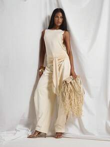 MUSERA Slash Neck Tie Waist Wide Sleeveless Fitted Top Coord Top Only Cute Holiday Sexy Night Out Vacation Spring Summer Elegant Soleil Drape - Yellow - View 3