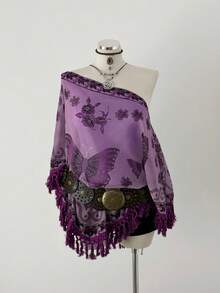 Sunspun Áo choàng Poncho kiểu dáng Boho thanh lịch mới, chất liệu chiffon nhăn, in họa tiết phối hợp, viền tua rua, thích hợp cho kỳ nghỉ Xuân/Hè/Thu. - Màu tím - Xem 6