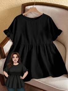 Rusticease Blusa de mujer talla grande con cuello redondo y volantes en las mangas, para verano - Blanco - Ver 1