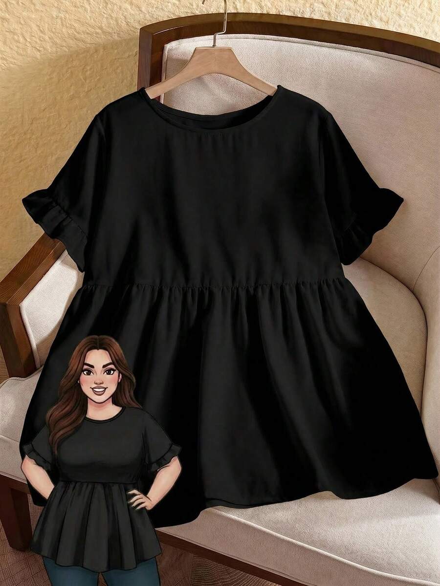 Rusticease Blusa de mujer talla grande con cuello redondo y volantes en las mangas, para verano - Blanco - Ver 1